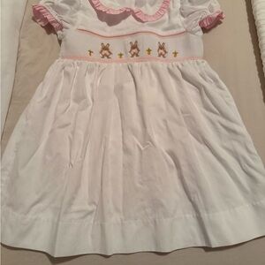 White Dress with Pink Accents and Bunny Embroidery